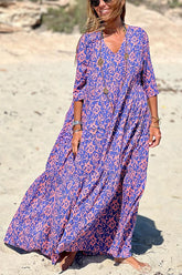 Fashion Pattern Printed Half Sleeve Loose Swing Maxi Dresse